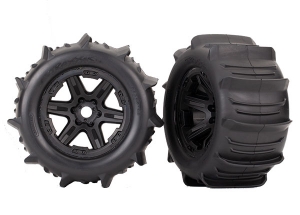 Tires &amp; wheels, assembled, glued (black 3.8&quot; wheels, paddle tires, foam inserts) (2) (TSM rated)