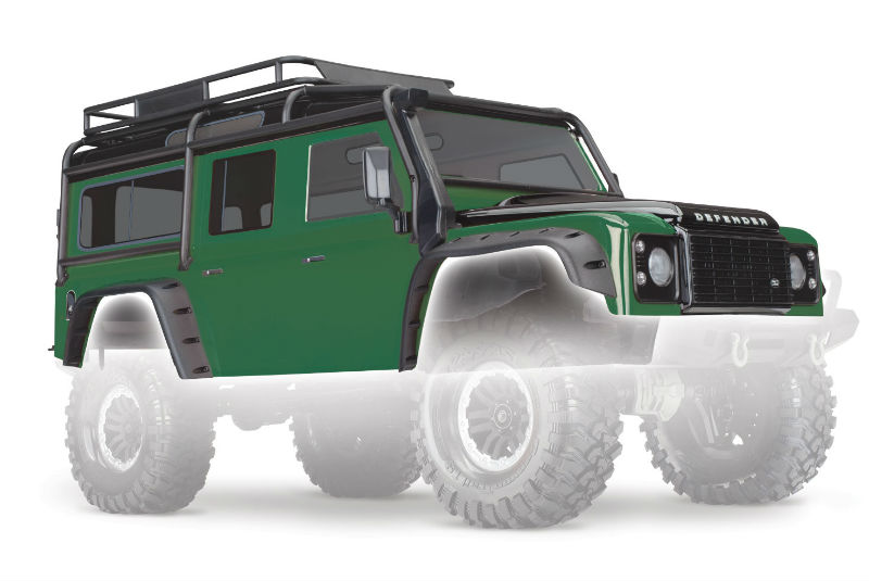 Body, Land Rover Defender, green (complete with ExoCage, inner fenders, fuel canisters, and jack)