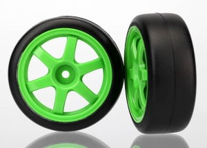 Tires and wheels, assembled, glued (Volk Racing TE37 green wheels, 1.9 Gymkhana slick tires) (2)