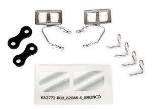 Mirrors, side, chrome (left &amp; right): retainers (2): body clips (4) (fits #8010 body)