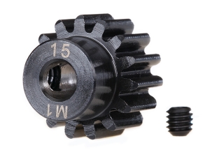 Gear, 15-T pinion (machined) (1.0 metric pitch) (fits 5mm shaft): set screw (compatible with steel s